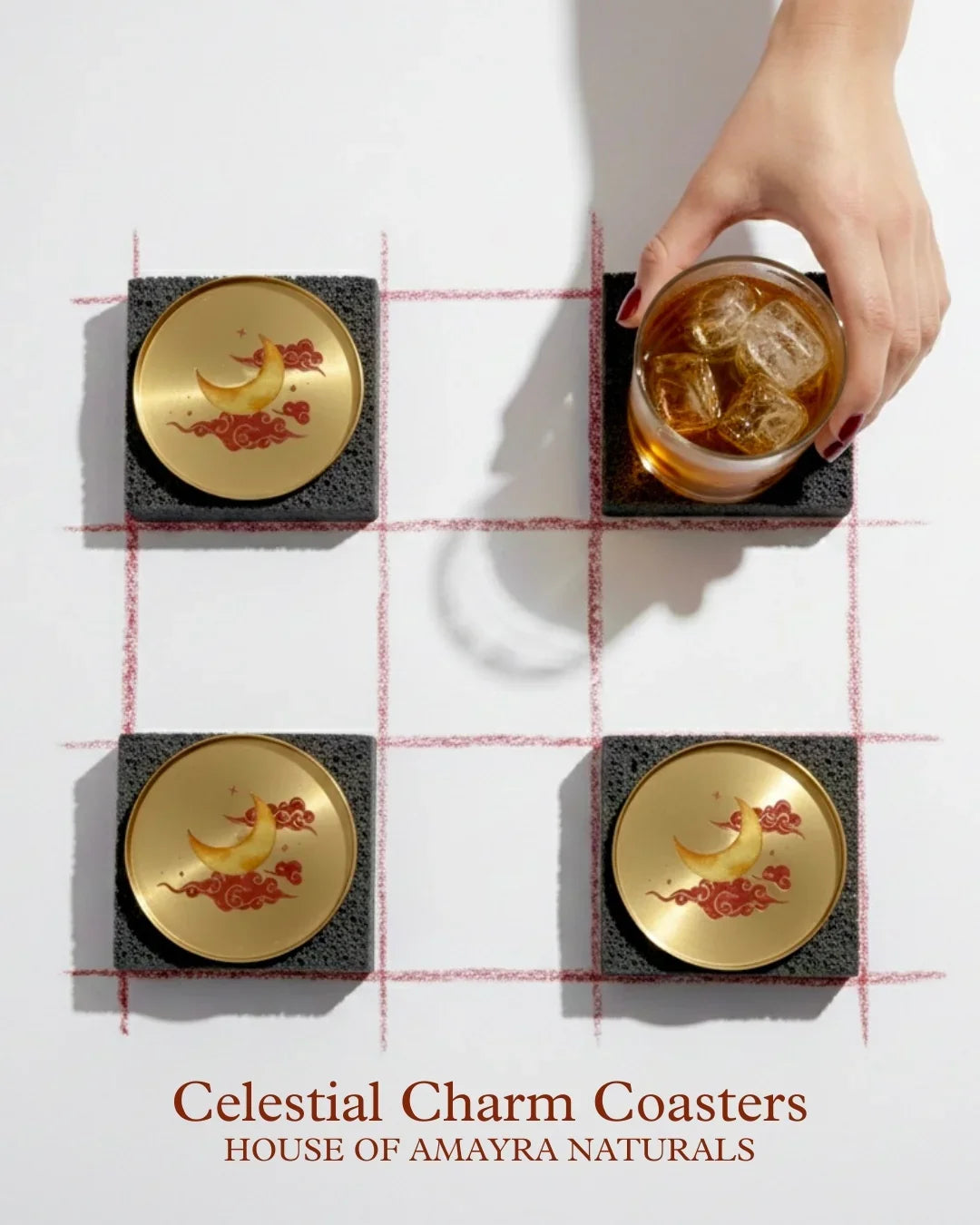 Chandra (The Moon) Brass Coaster | Handcrafted Moon Motif Trinket Dish (Set of 2)