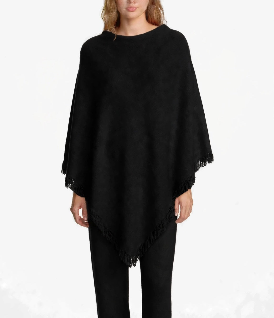 Cashmere poncho with short edge fringe beige