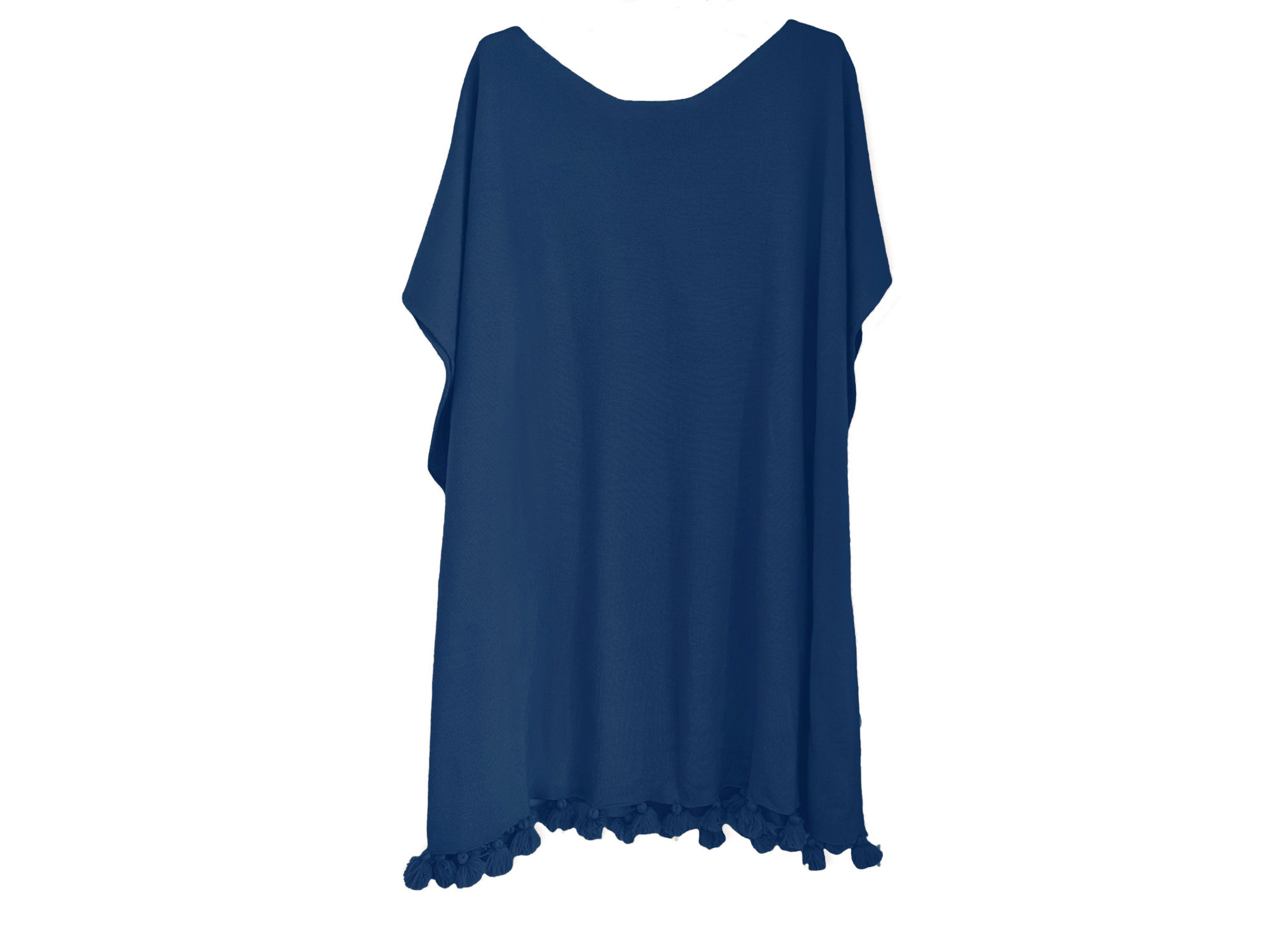 Resort caribbean cashmere Silk poncho cover up tassels navy
