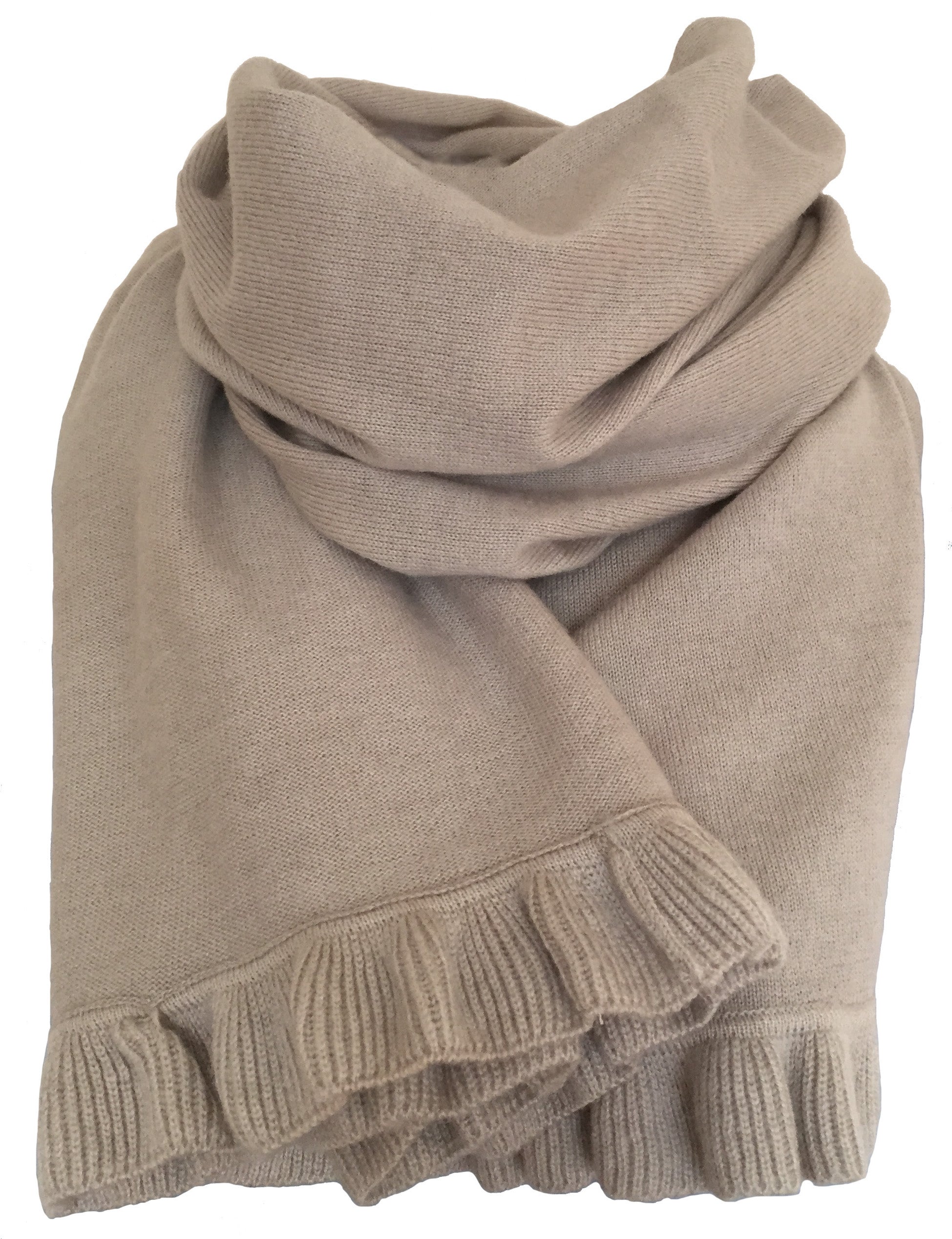 Cashmere scarf/shawl with ruffled edge sand