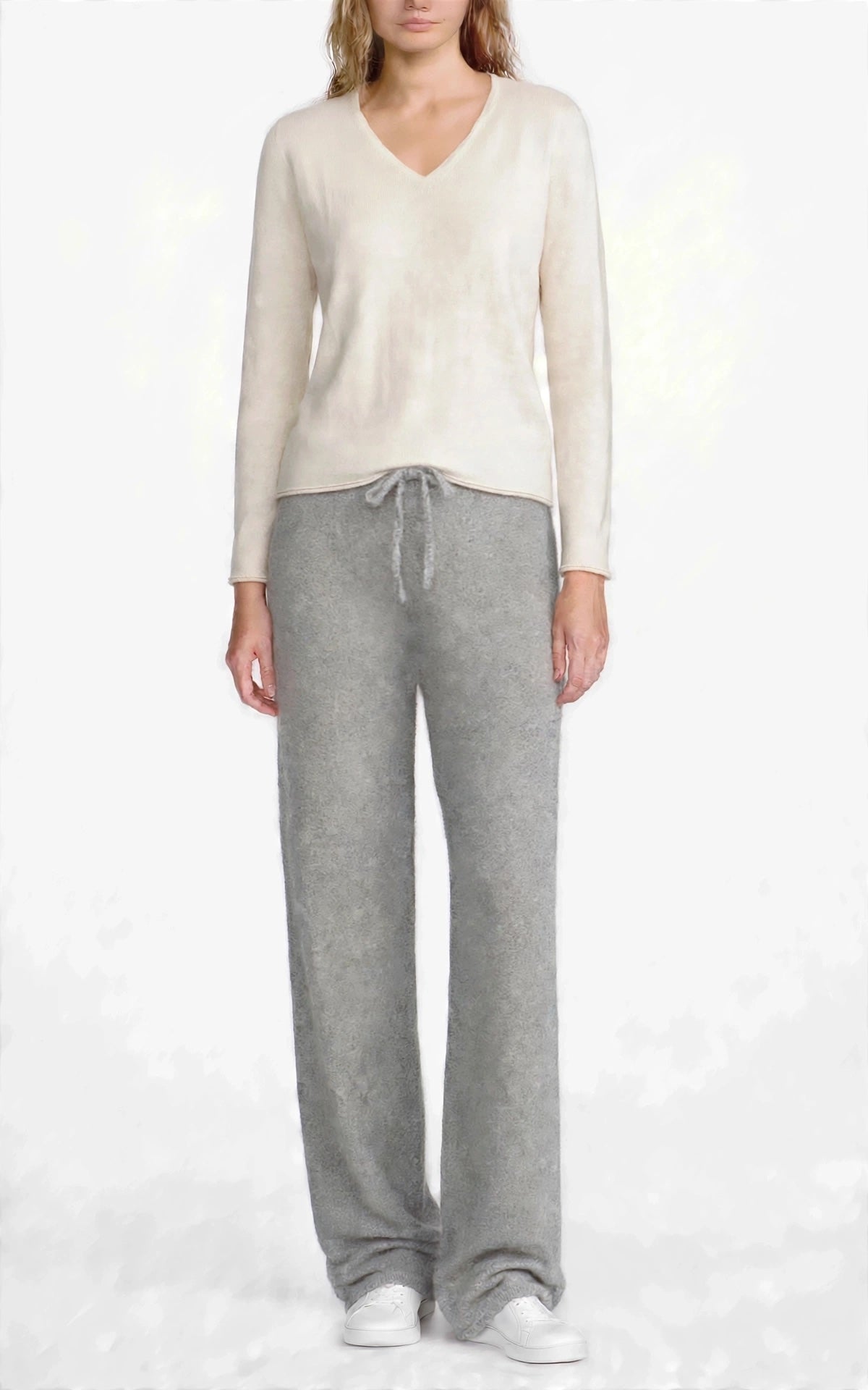 Cashmere silk V neck sweater t shirt silk white