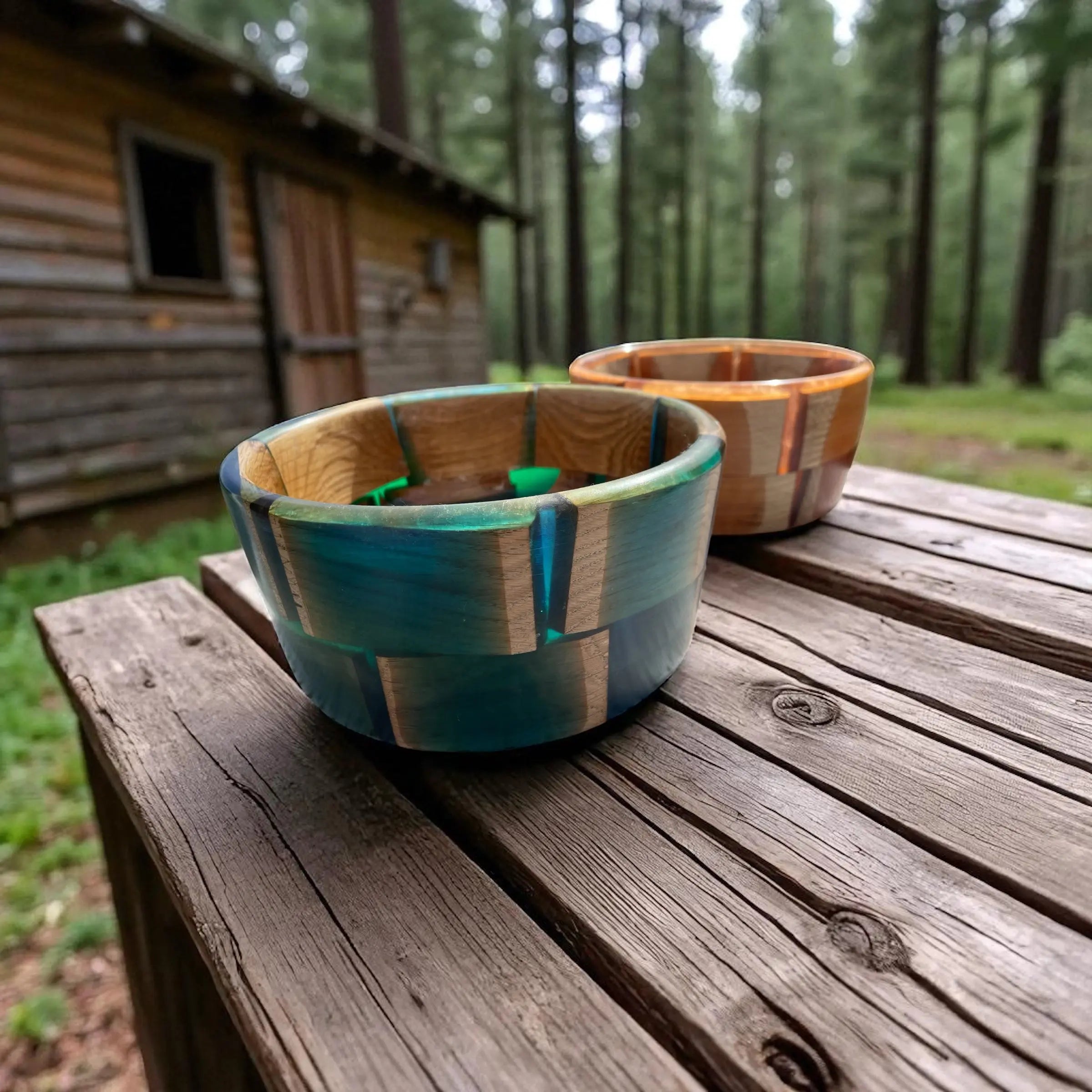 Håndlaget bolle i epoxy og eik – Kobber / Grønn-blå