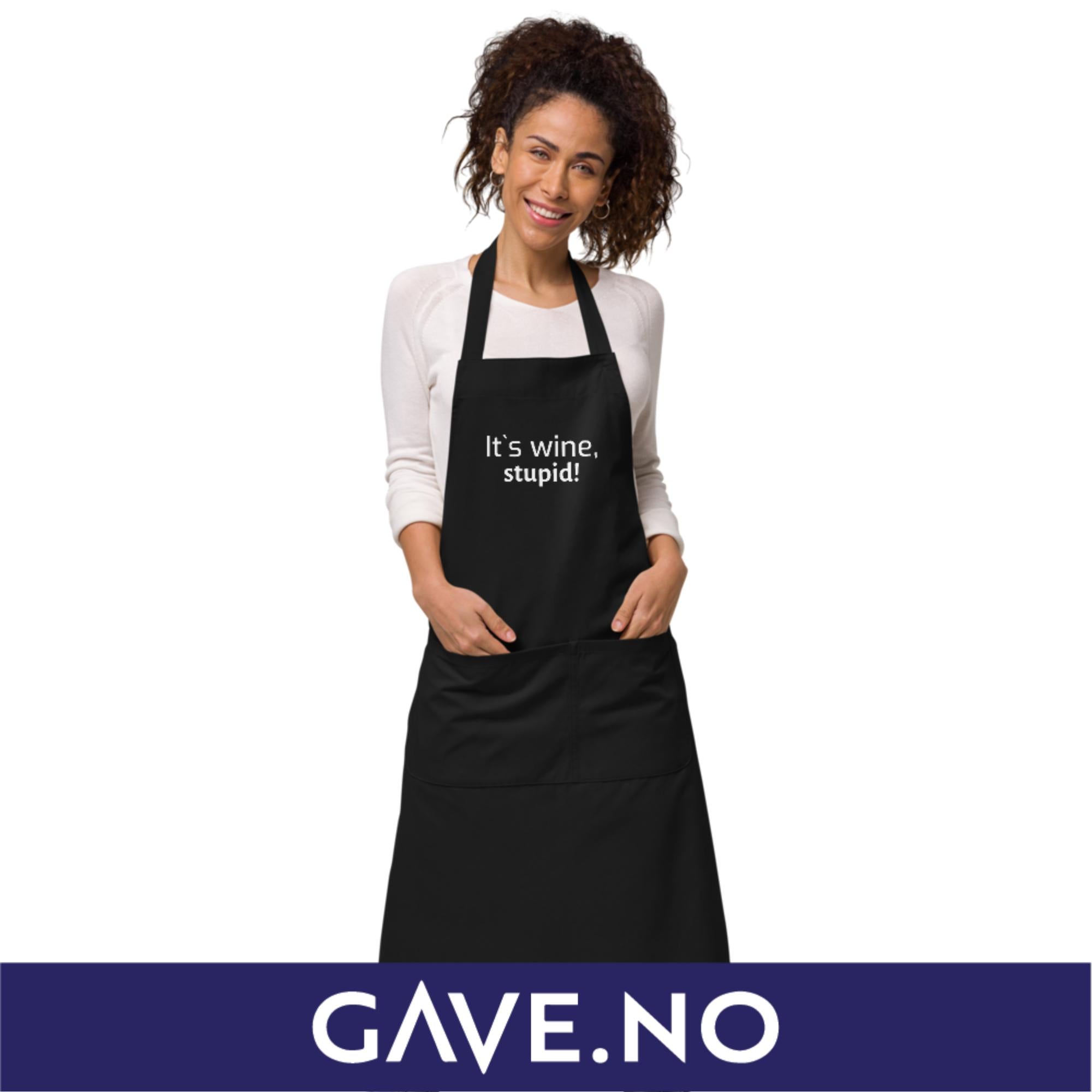 Forkle i økologisk bomull med egen tekst - It`s wine, stupid!