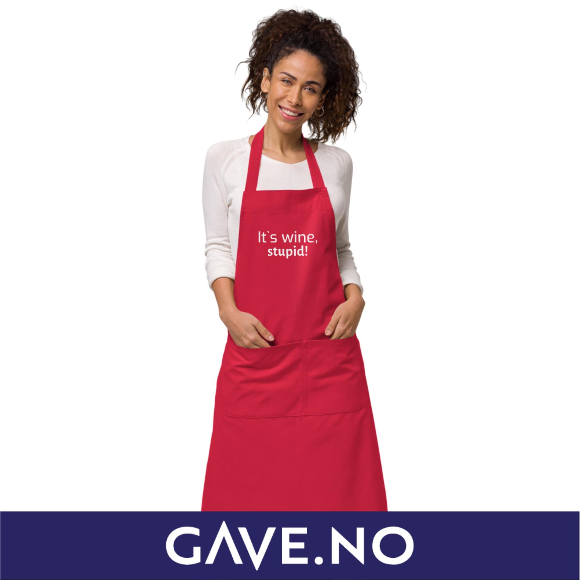 Forkle i økologisk bomull med egen tekst - It`s wine, stupid!