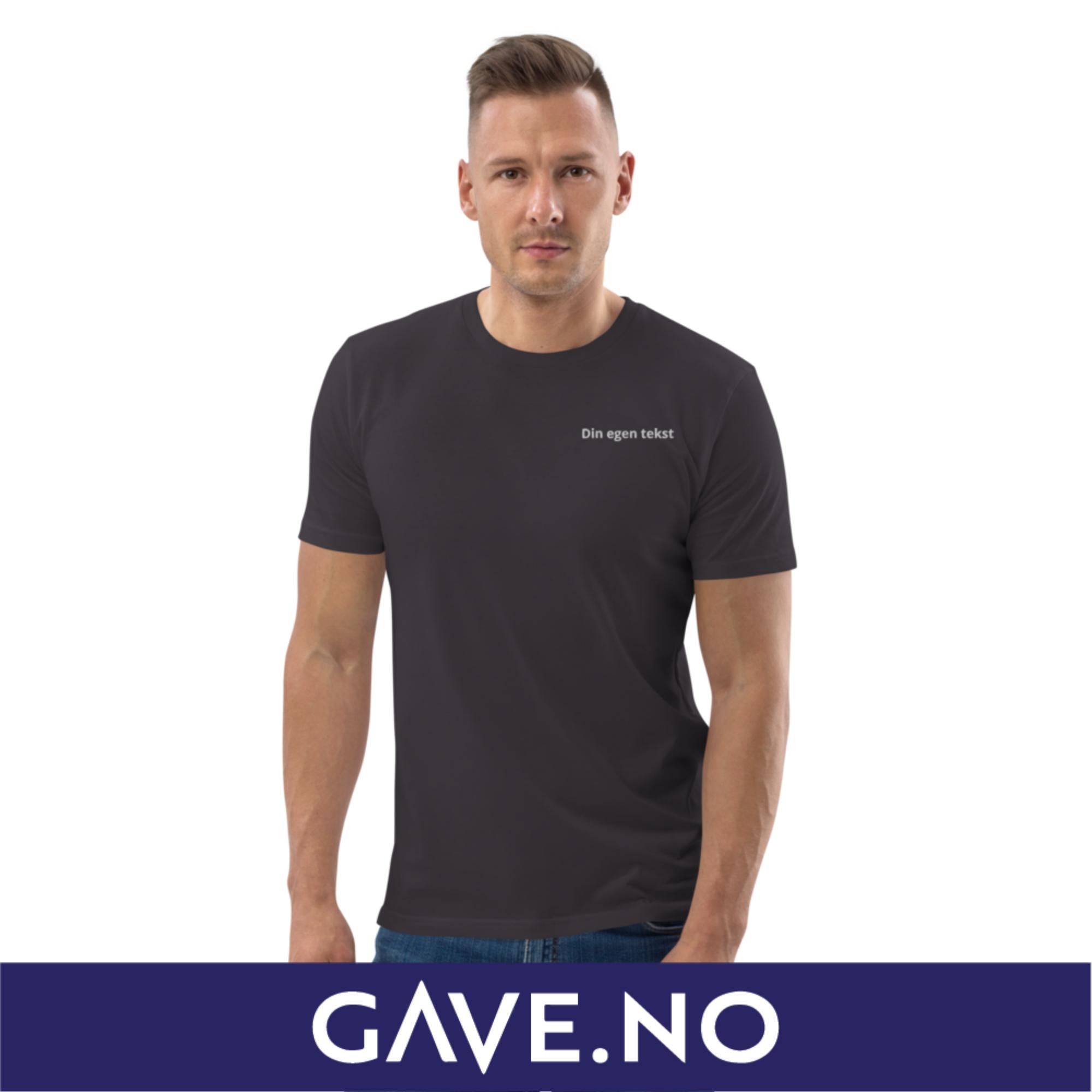 Unisex t-skjorte i økologisk bomull med din egen tekst (brodert venstre)