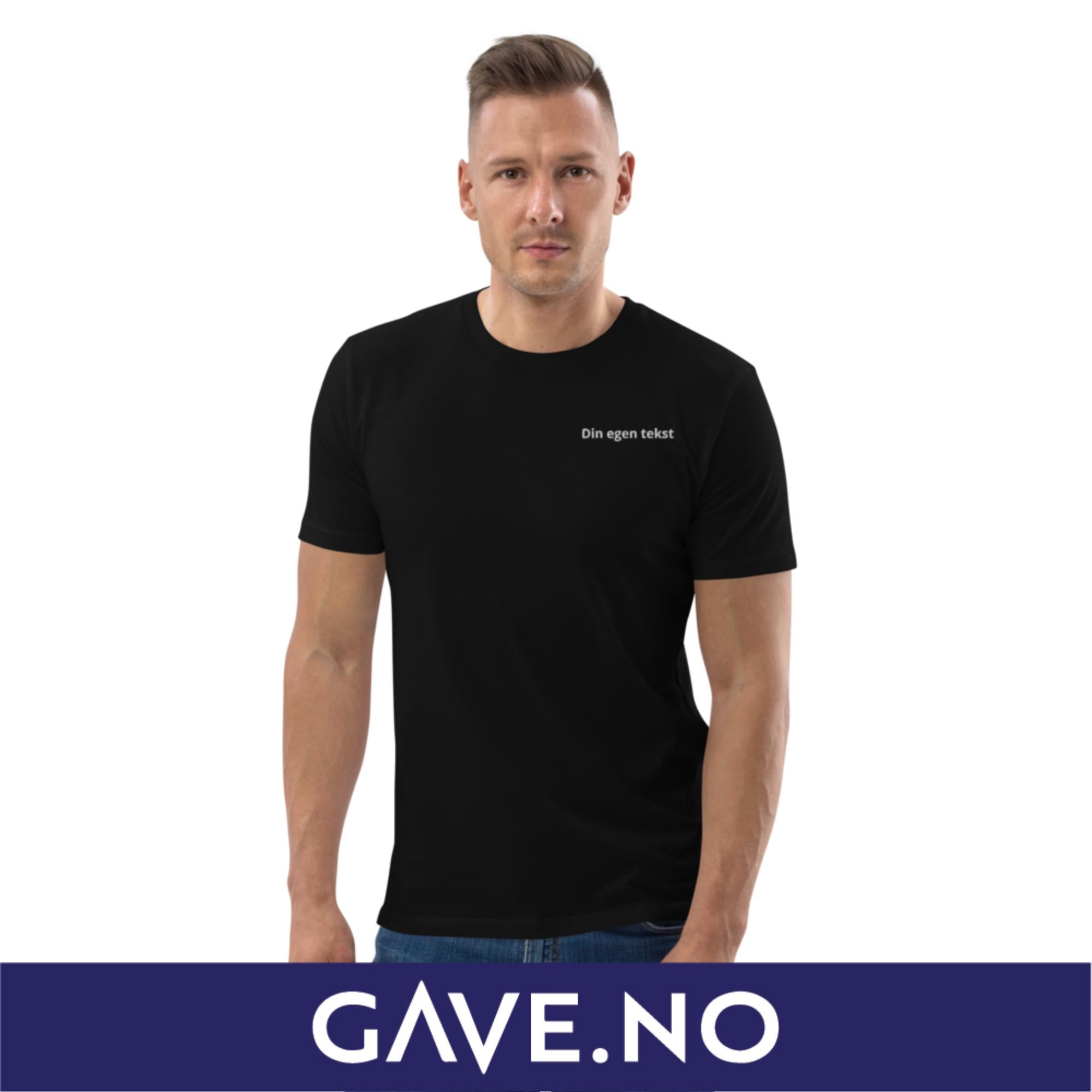 Unisex t-skjorte i økologisk bomull med din egen tekst (brodert venstre)