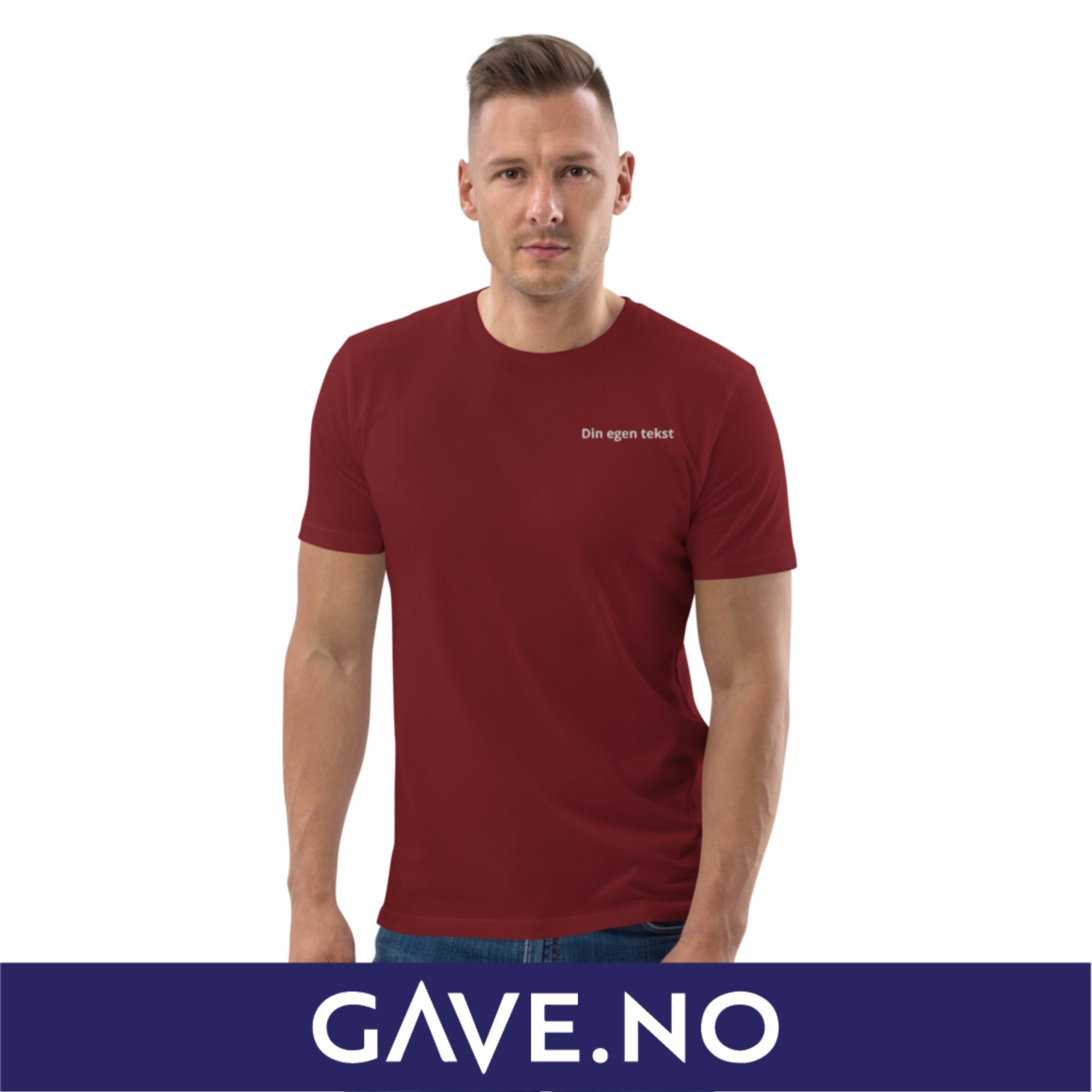 Unisex t-skjorte i økologisk bomull med din egen tekst (brodert venstre)