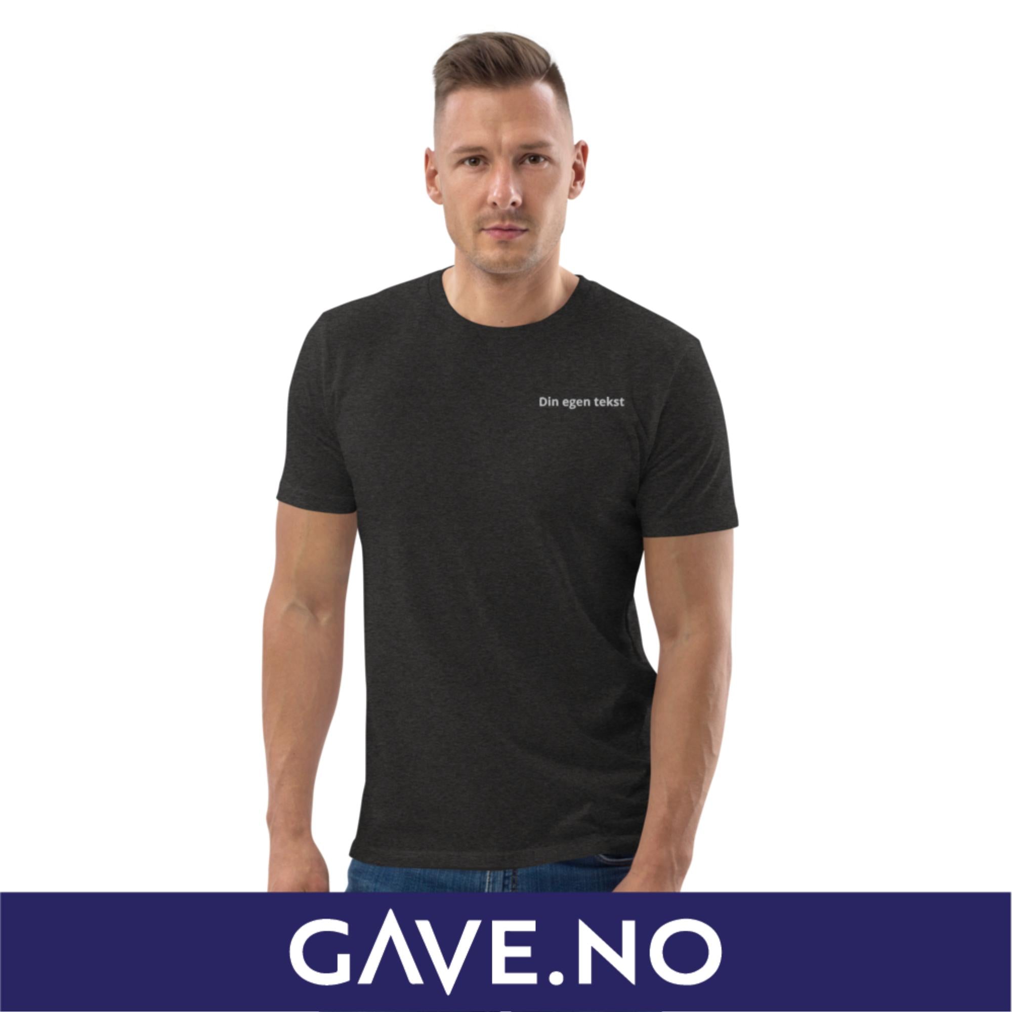 Unisex t-skjorte i økologisk bomull med din egen tekst (brodert venstre)