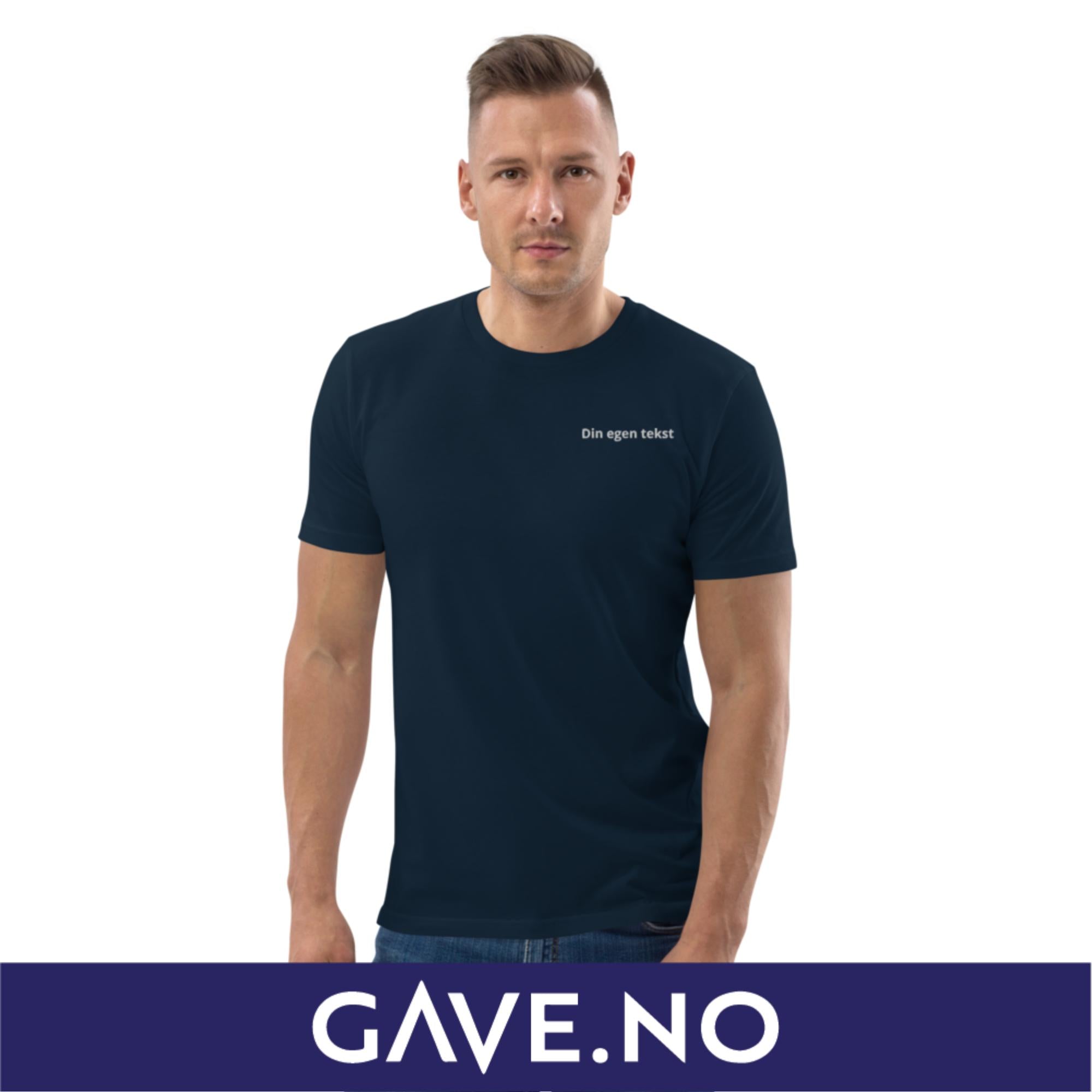 Unisex t-skjorte i økologisk bomull med din egen tekst (brodert venstre)