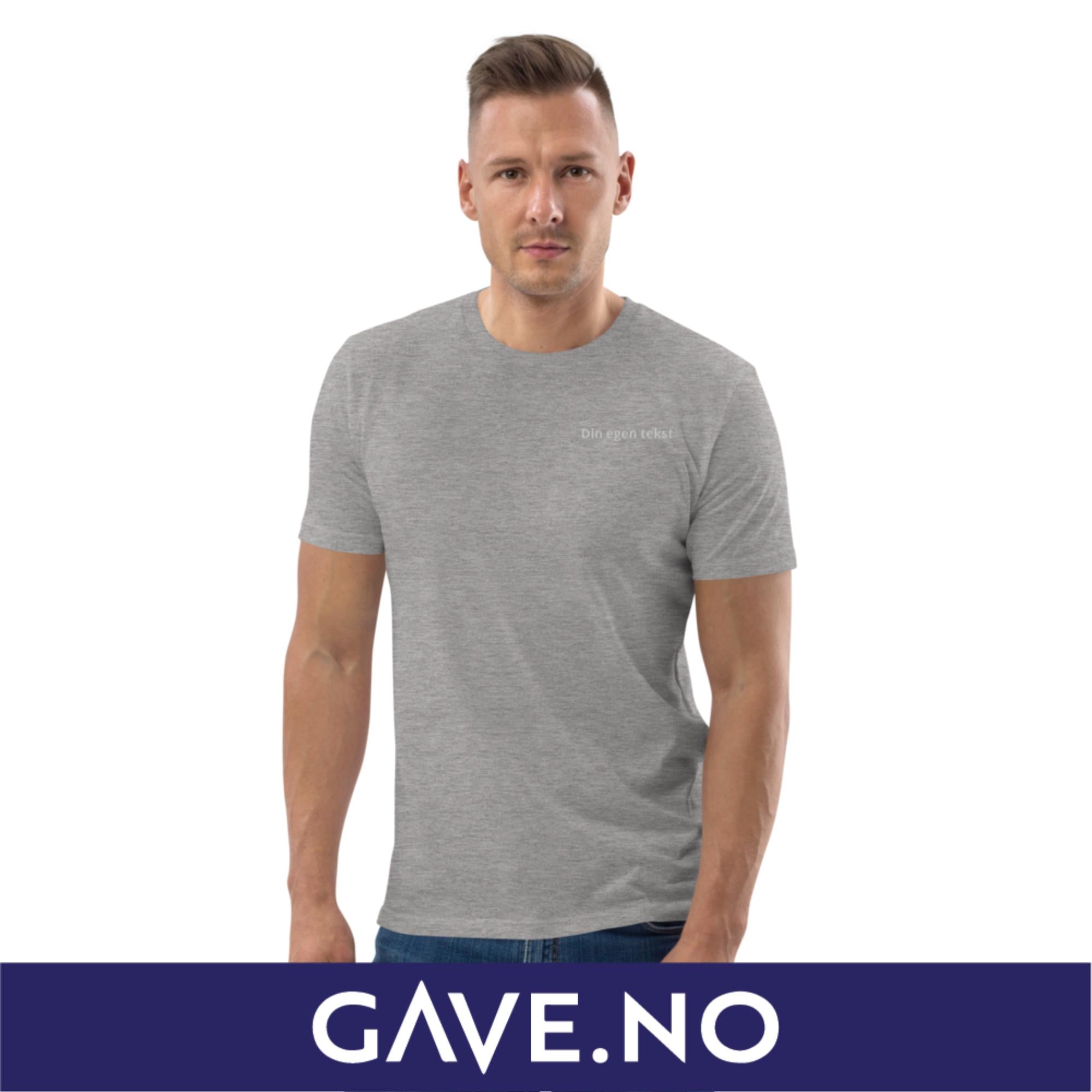 Unisex t-skjorte i økologisk bomull med din egen tekst (brodert venstre)