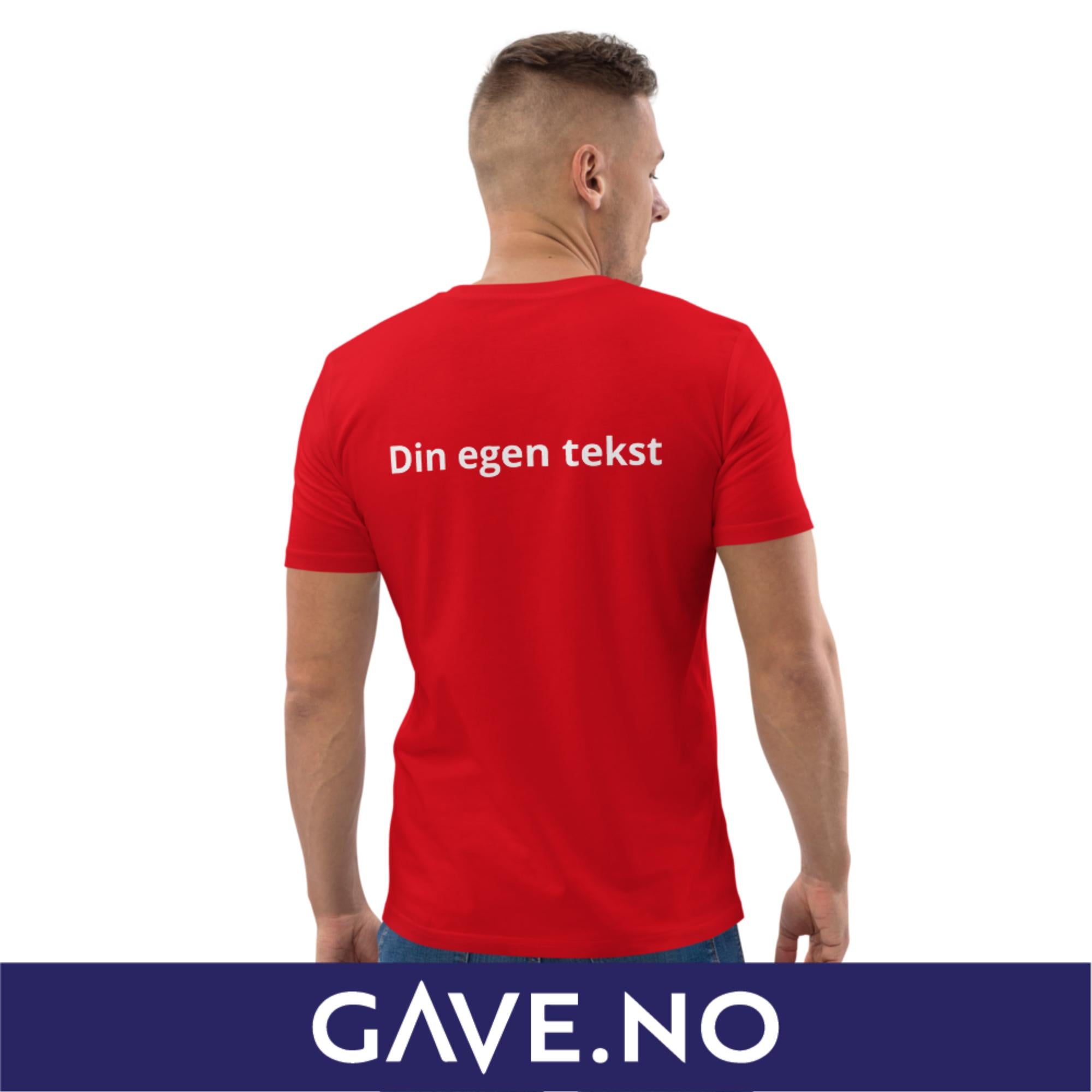 Unisex t-skjorte i økologisk bomull med din egen tekst på ryggen (brodert)