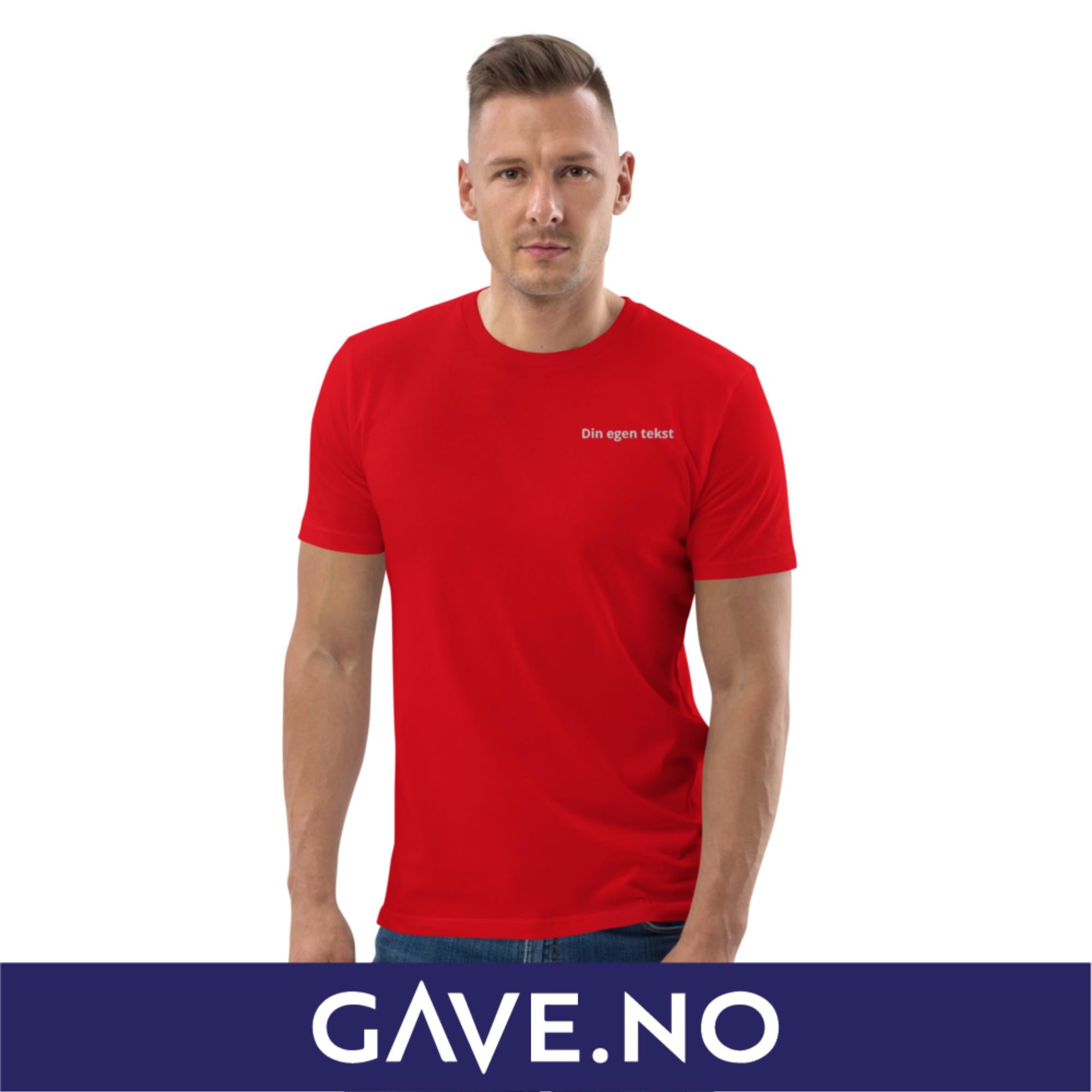 Unisex t-skjorte i økologisk bomull med din egen tekst (brodert venstre)