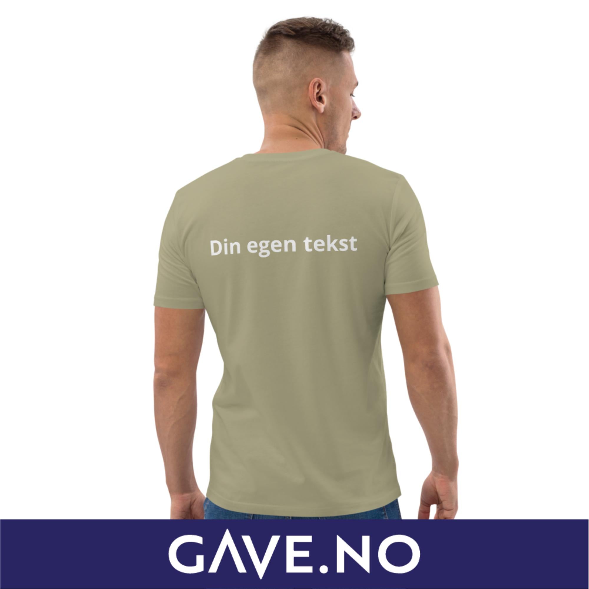Unisex t-skjorte i økologisk bomull med din egen tekst på ryggen (brodert)
