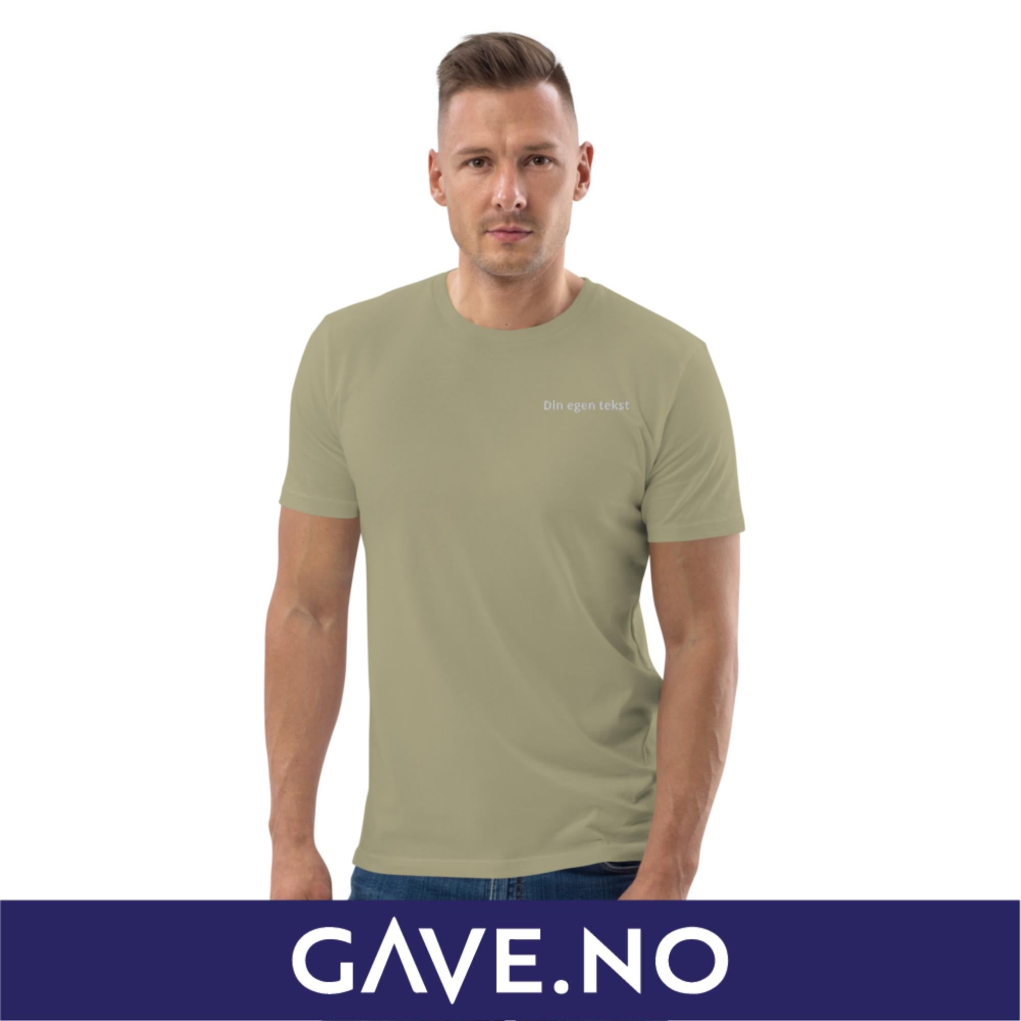 Unisex t-skjorte i økologisk bomull med din egen tekst (brodert venstre)