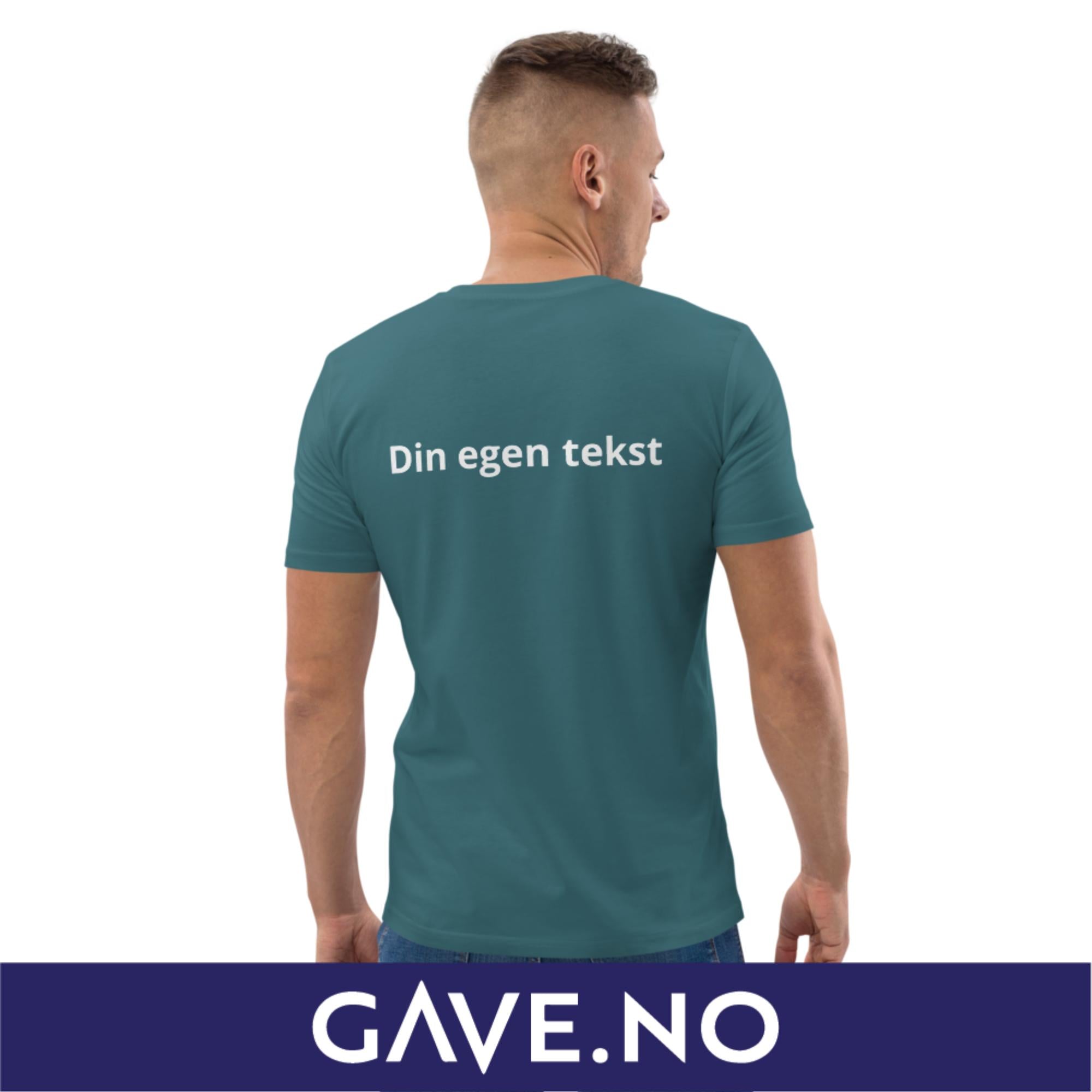 Unisex t-skjorte i økologisk bomull med din egen tekst på ryggen (brodert)