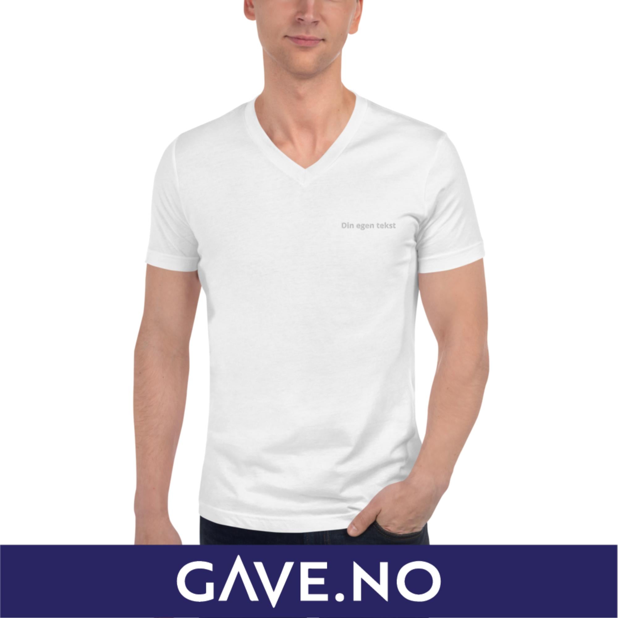 Unisex kortermet T-skjorte med V-hals med din egen tekst (brodert venstre)