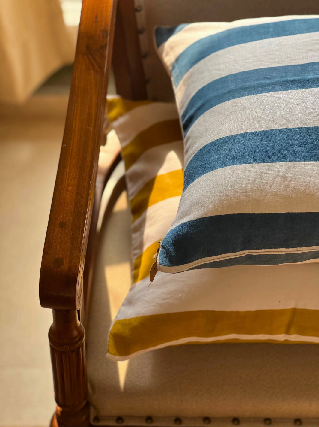 Blue & White Striped Pillow Cover | Hand Block Printed 100% Linen (45cm)