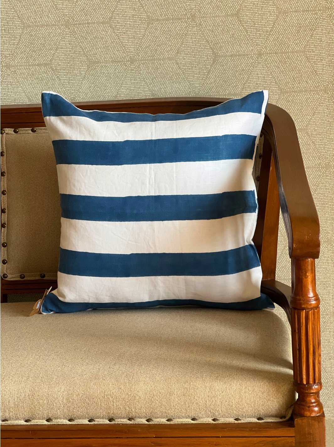 Blue & White Striped Pillow Cover | Hand Block Printed 100% Linen (45cm)