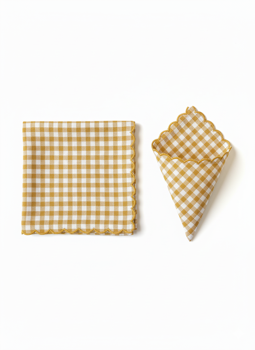 Handblocked Checked Linen Napkins with Embroidery Detailing | Set of 6