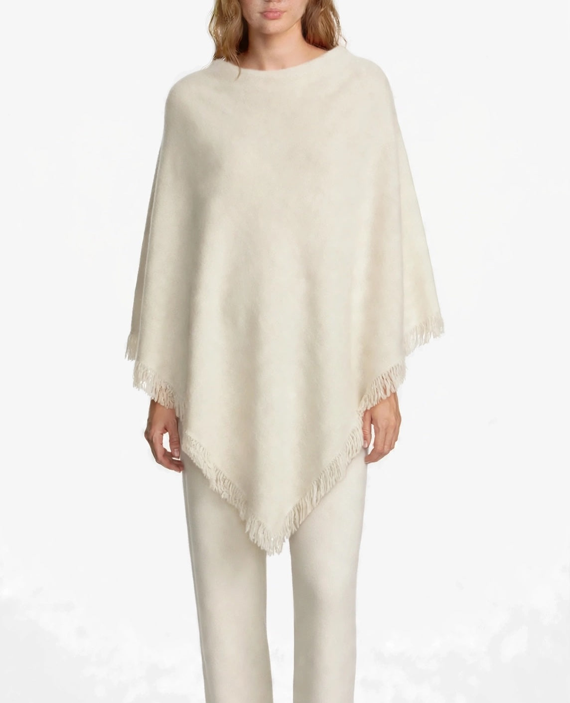 Cashmere poncho with short edge fringe beige