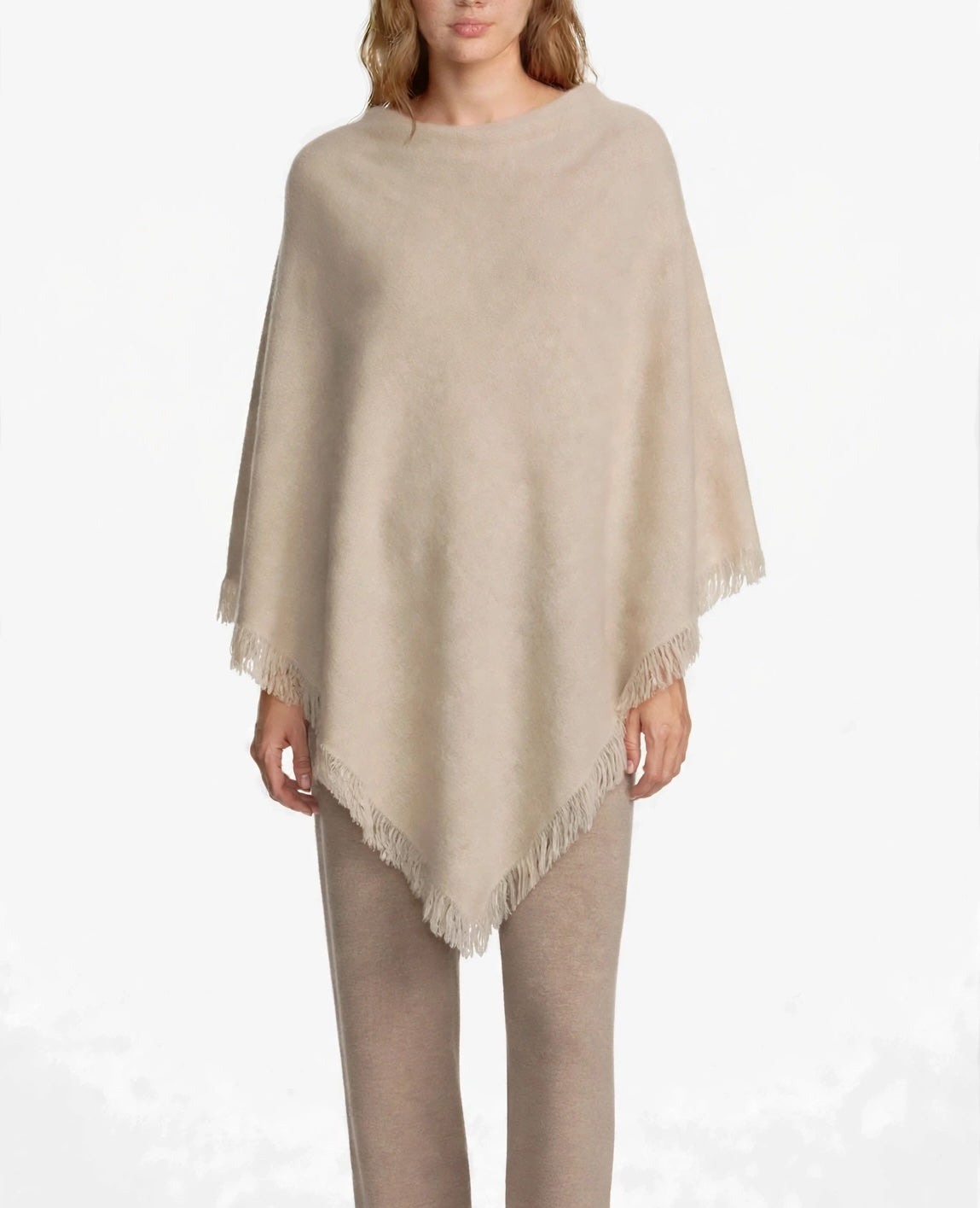 Cashmere poncho with short edge fringe beige
