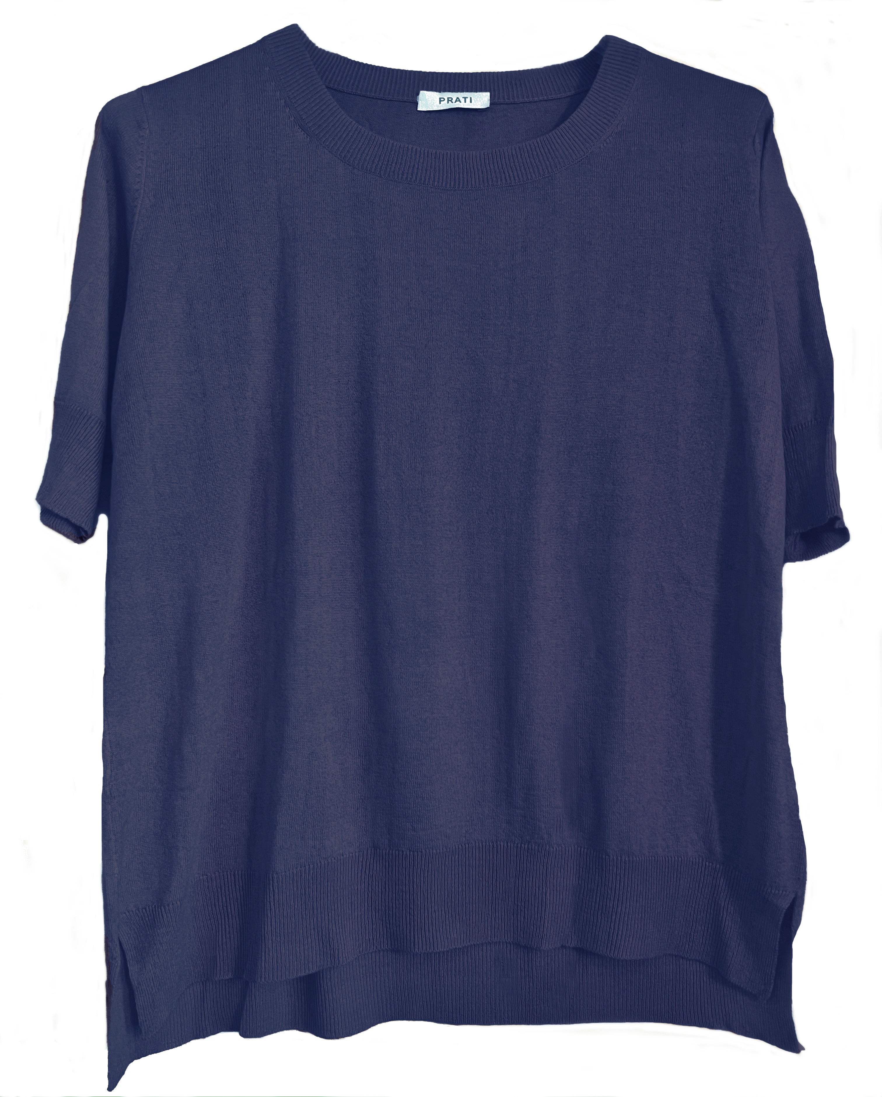 Cashmere silk crew short sleeve sweater jeans blue