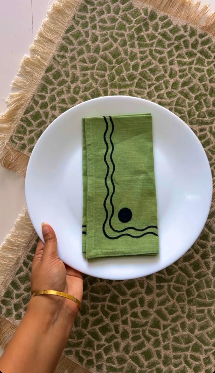 Green Linen Handblock Napkins | Set of 4