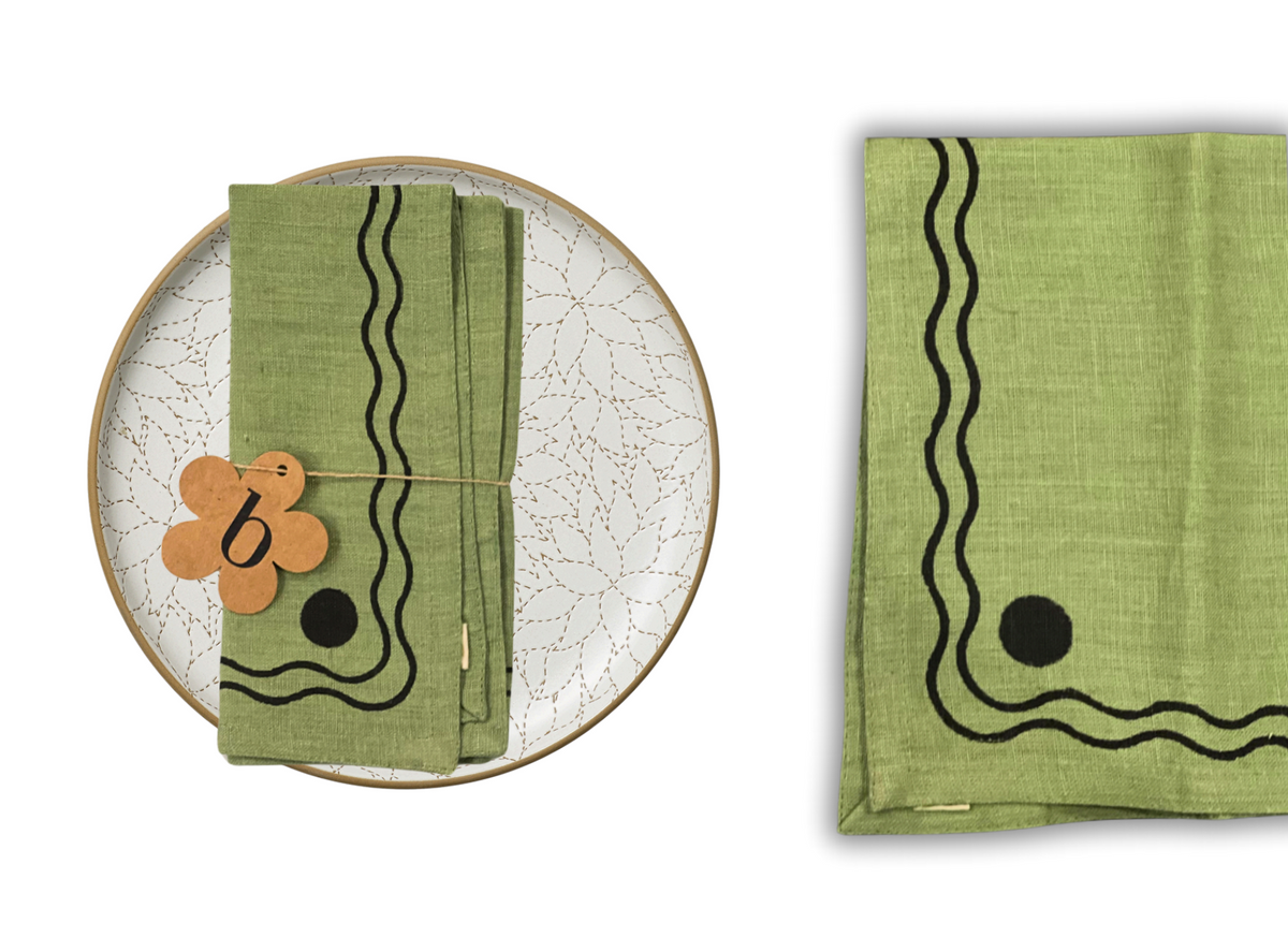 Green Linen Handblock Napkins | Set of 4