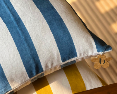 Blue & White Striped Pillow Cover | Hand Block Printed 100% Linen (45cm)