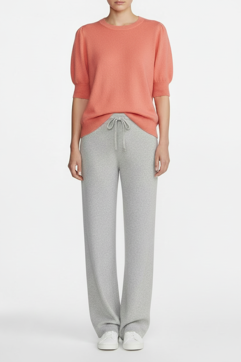 Cashmere silk crew short sleeve sweater coral
