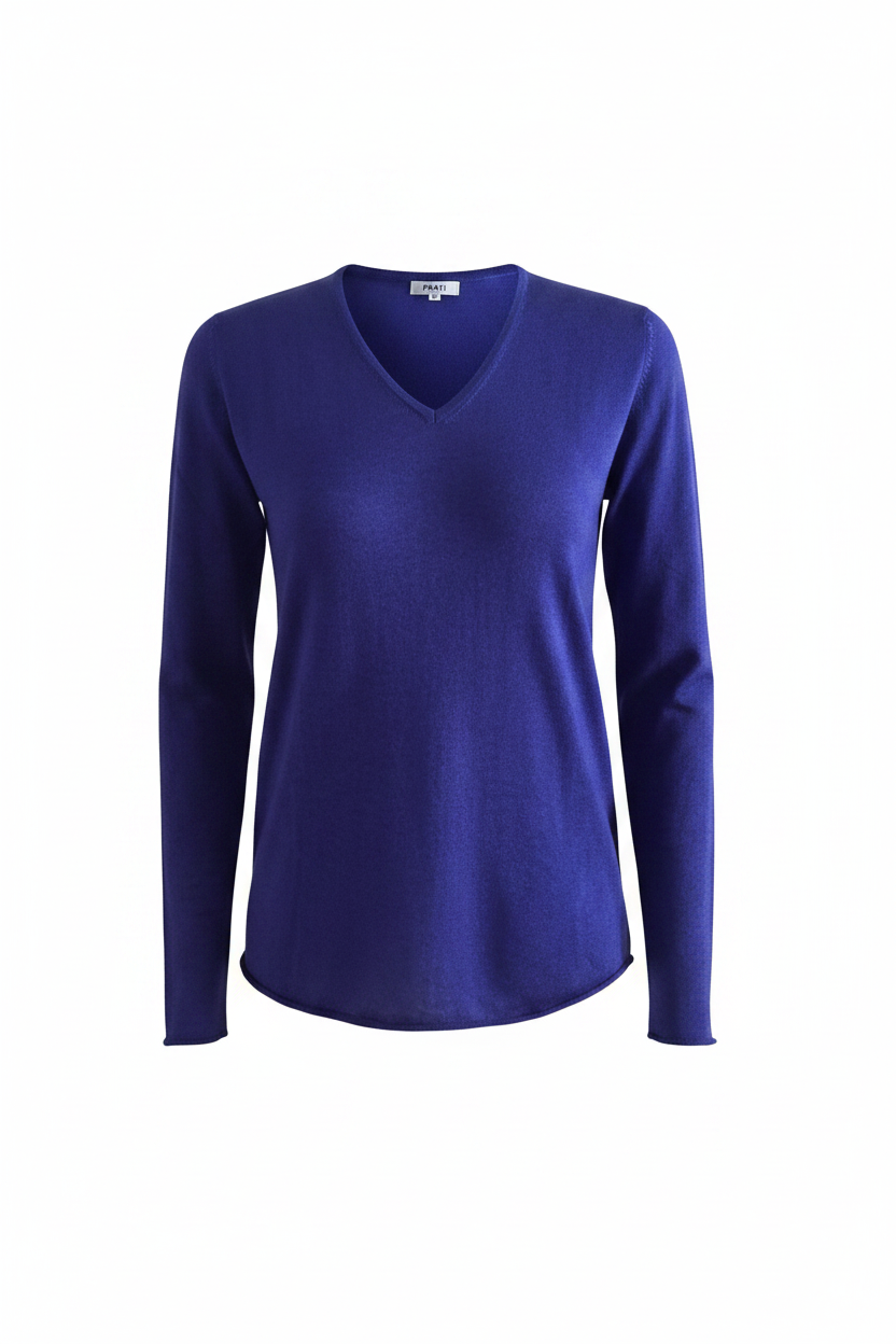 Cashmere silk V neck t shirt sweater intense blue