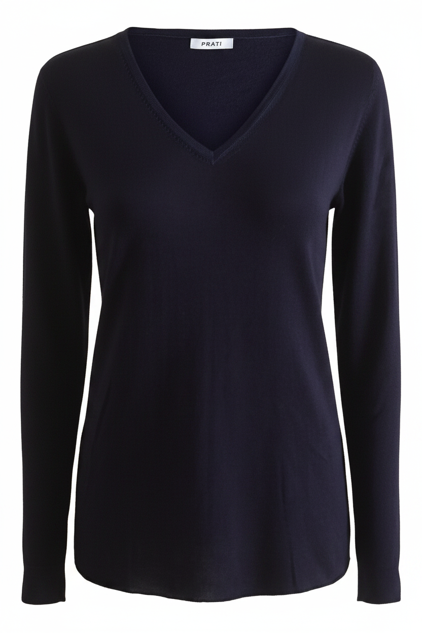 Cashmere silk V neck t shirt sweater navy