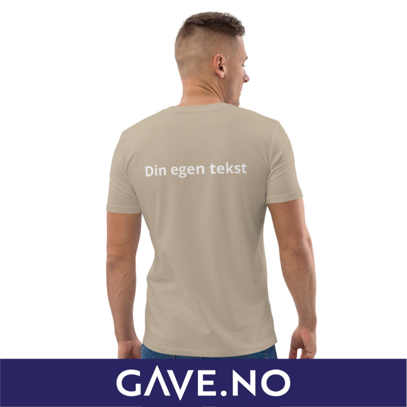 Unisex t-skjorte i økologisk bomull med din egen tekst på ryggen (brodert)