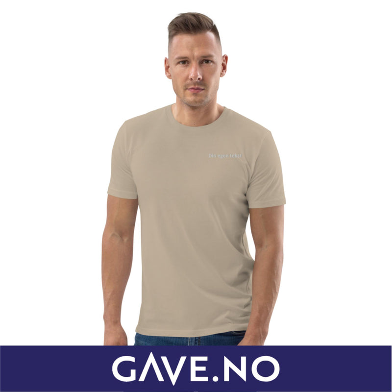Unisex t-skjorte i økologisk bomull med din egen tekst (brodert venstre)