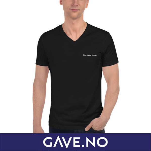 Unisex kortermet T-skjorte med V-hals med din egen tekst (brodert venstre)